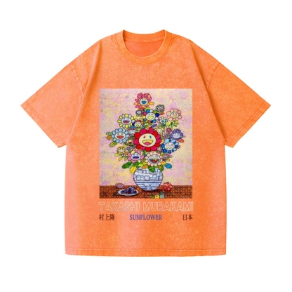 Sunflower Qinghua Vase Vintage Wash Japanese Design T-Shirt