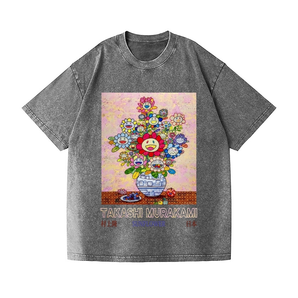 Sunflower Qinghua Vase Vintage Wash Japanese Design T-Shirt