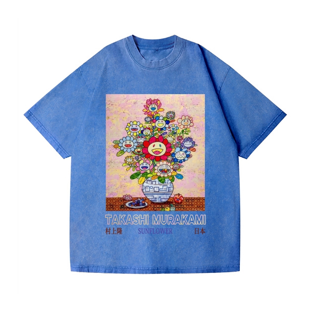 Sunflower Qinghua Vase Vintage Wash Japanese Design T-Shirt