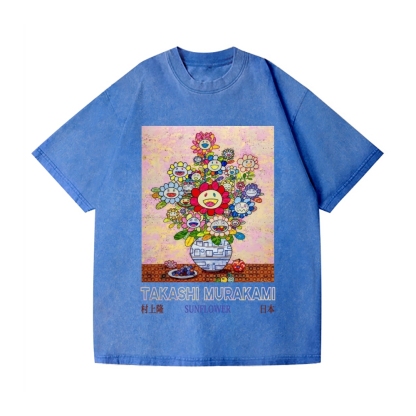 Sunflower Qinghua Vase Vintage Wash Japanese Design T-Shirt