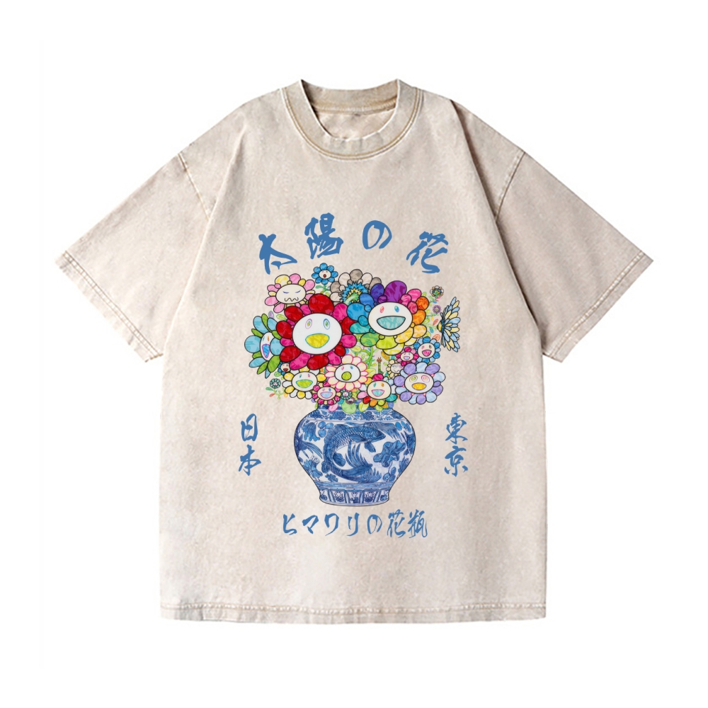 Sunflower Qinghua Vase Vintage Wash Japanese Design T-Shirt