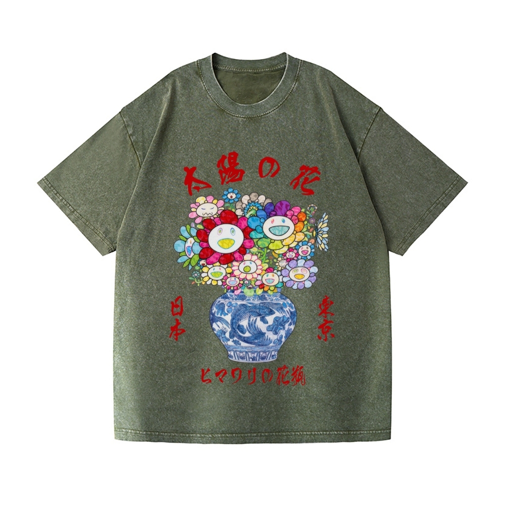 Sunflower Qinghua Vase Vintage Wash Japanese Design T-Shirt