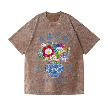 Sunflower Qinghua Vase Vintage Wash Japanese Design T-Shirt