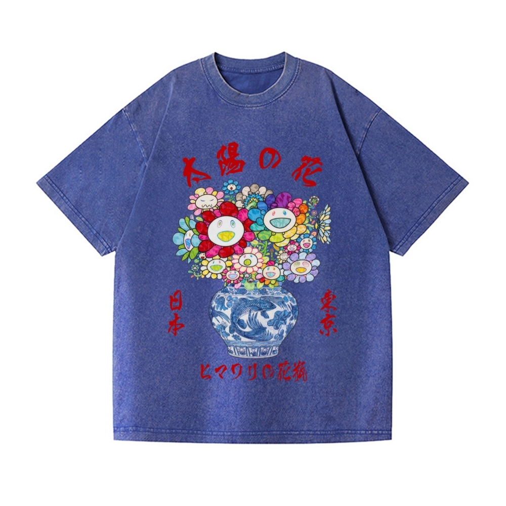 Sunflower Qinghua Vase Vintage Wash Japanese Design T-Shirt