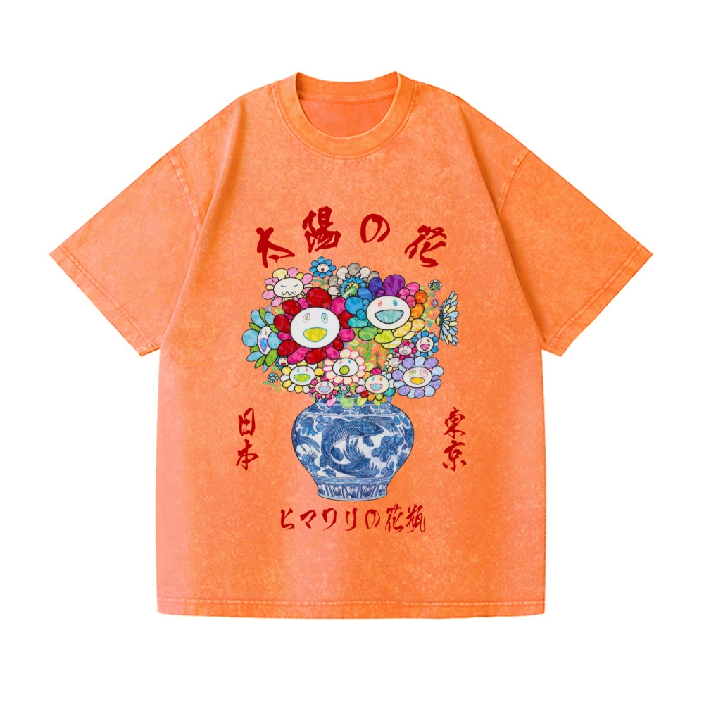 Sunflower Qinghua Vase Vintage Wash Japanese Design T-Shirt
