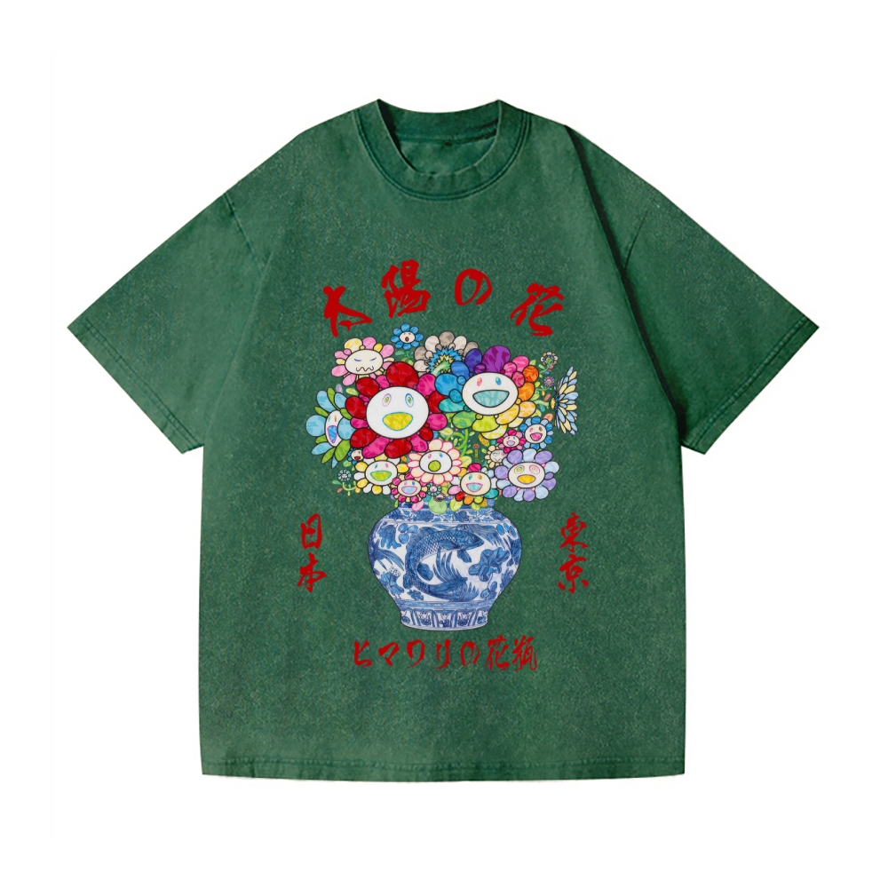 Sunflower Qinghua Vase Vintage Wash Japanese Design T-Shirt