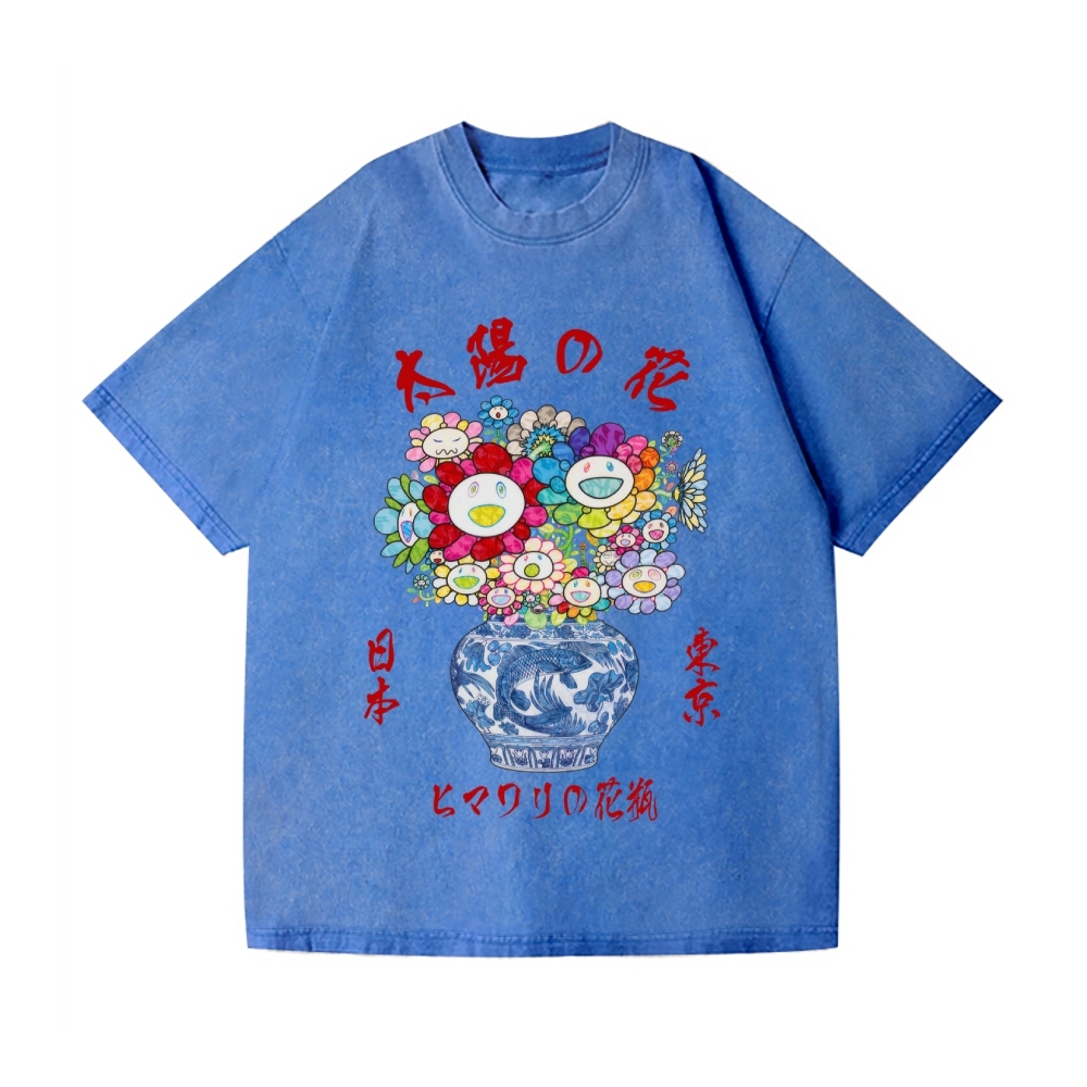 Sunflower Qinghua Vase Vintage Wash Japanese Design T-Shirt