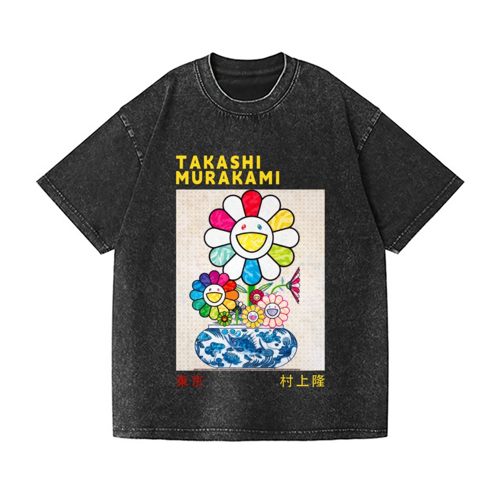 TM Sunflower Qinghua Vase Vintage Wash Japanese Design T-Shirt
