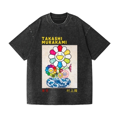 TM Sunflower Qinghua Vase Vintage Wash Japanese Design T-Shirt
