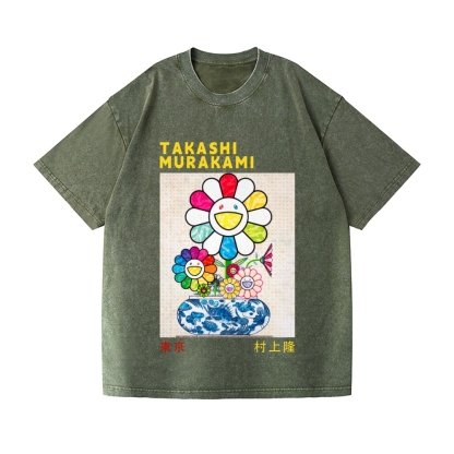 TM Sunflower Qinghua Vase Vintage Wash Japanese Design T-Shirt