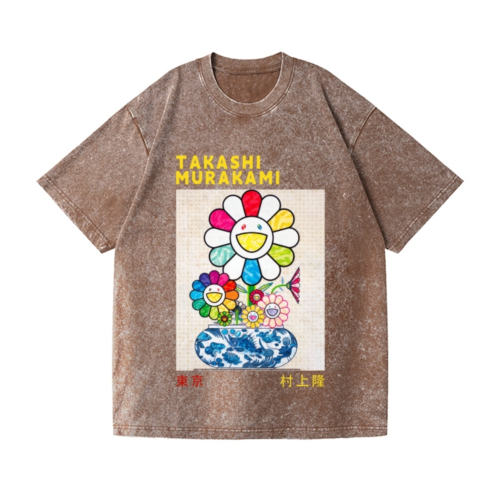 TM Sunflower Qinghua Vase Vintage Wash Japanese Design T-Shirt