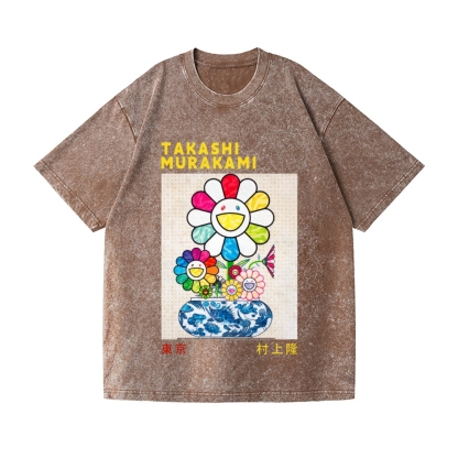 TM Sunflower Qinghua Vase Vintage Wash Japanese Design T-Shirt