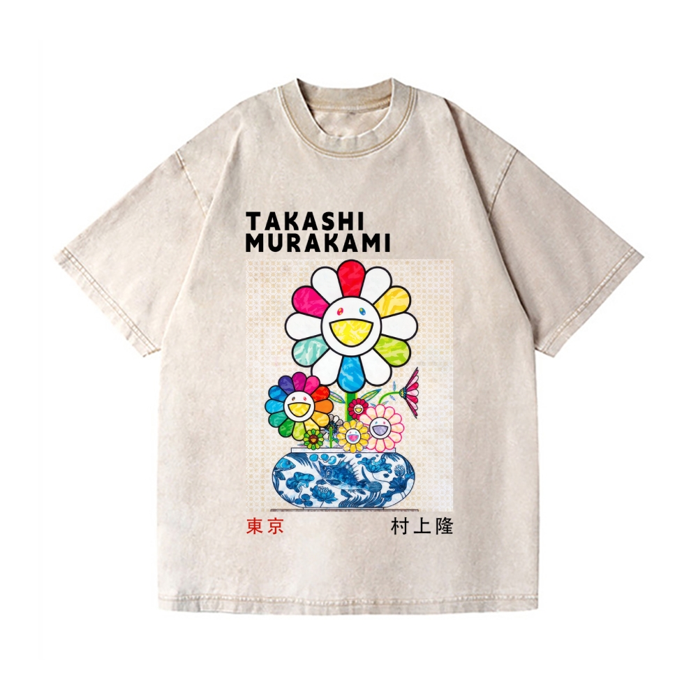 TM Sunflower Qinghua Vase Vintage Wash Japanese Design T-Shirt
