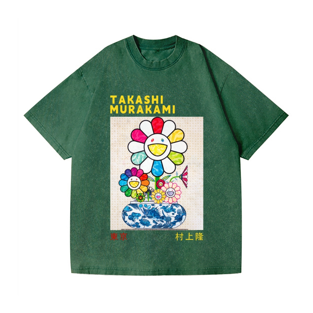 TM Sunflower Qinghua Vase Vintage Wash Japanese Design T-Shirt