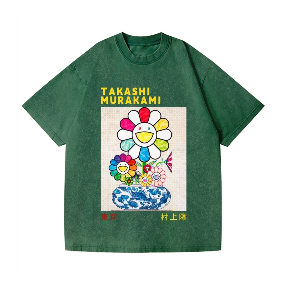TM Sunflower Qinghua Vase Vintage Wash Japanese Design T-Shirt