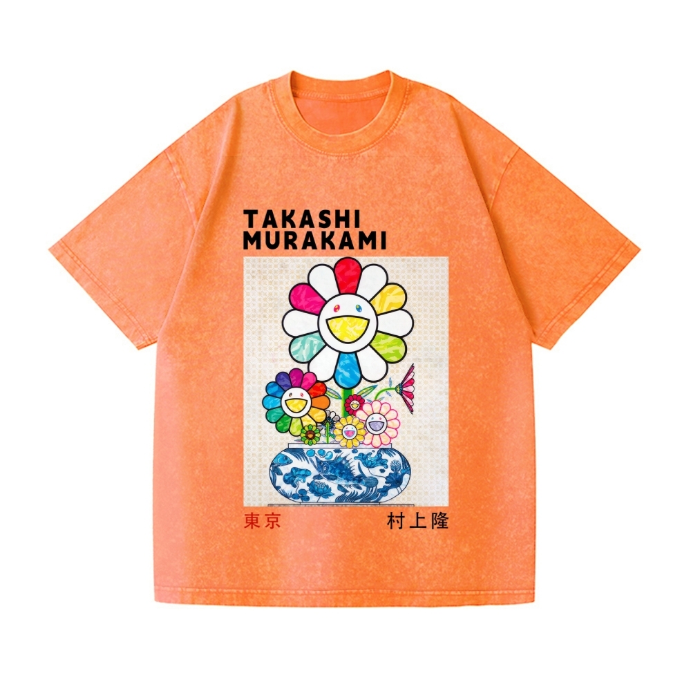 TM Sunflower Qinghua Vase Vintage Wash Japanese Design T-Shirt