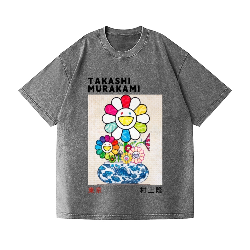 TM Sunflower Qinghua Vase Vintage Wash Japanese Design T-Shirt
