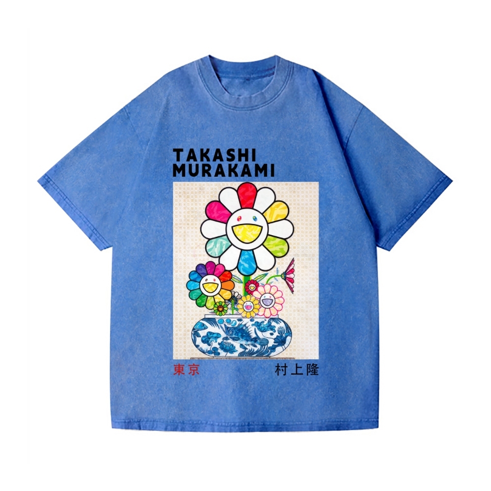 TM Sunflower Qinghua Vase Vintage Wash Japanese Design T-Shirt