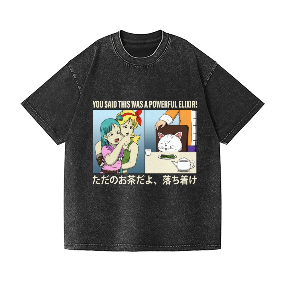 Bulma Girl Pointing at a Cat Vintage Wash Japanese Design T-Shirt