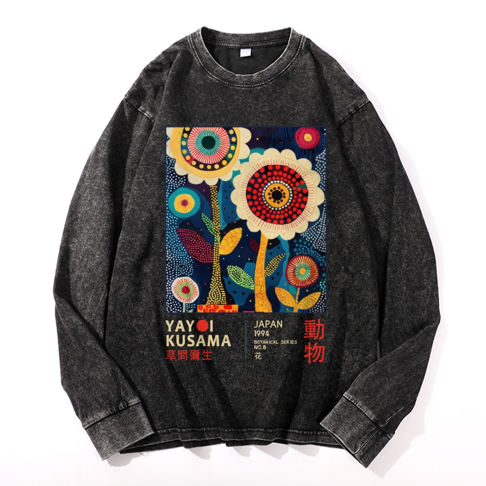 Yayoi Kusama Flower Vintage Cotton Wash Crewneck Long-Sleeve T-Shirt 2509002257