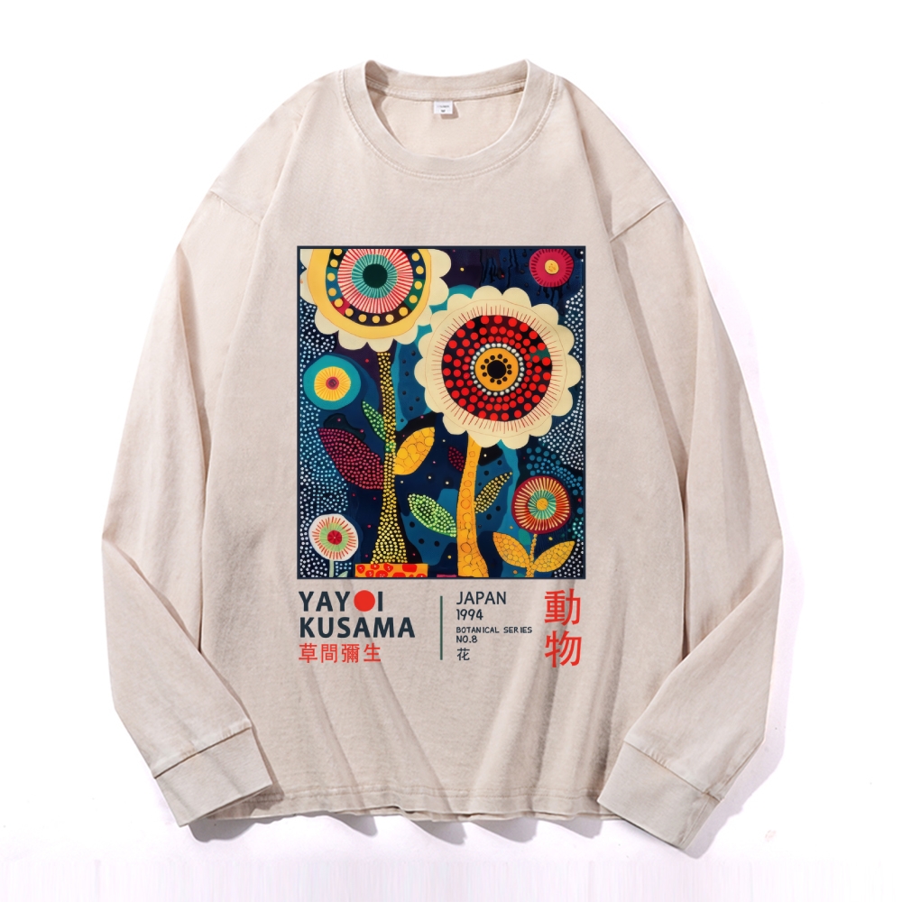 Yayoi Kusama Flower Vintage Cotton Wash Crewneck Long-Sleeve T-Shirt 2509002257