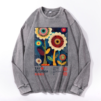 Yayoi Kusama Flower Vintage Cotton Wash Crewneck Long-Sleeve T-Shirt 2509002257