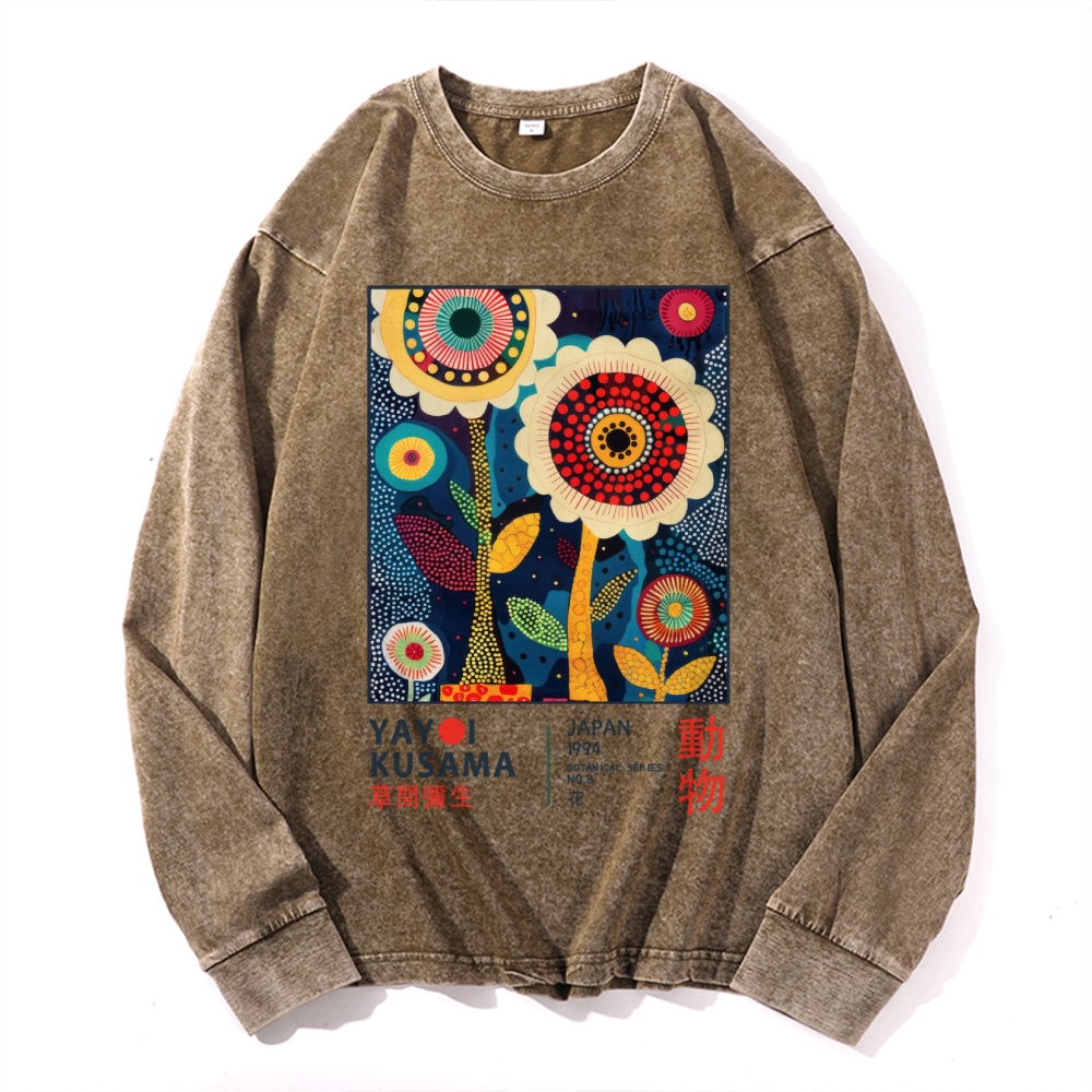Yayoi Kusama Flower Vintage Cotton Wash Crewneck Long-Sleeve T-Shirt 2509002257