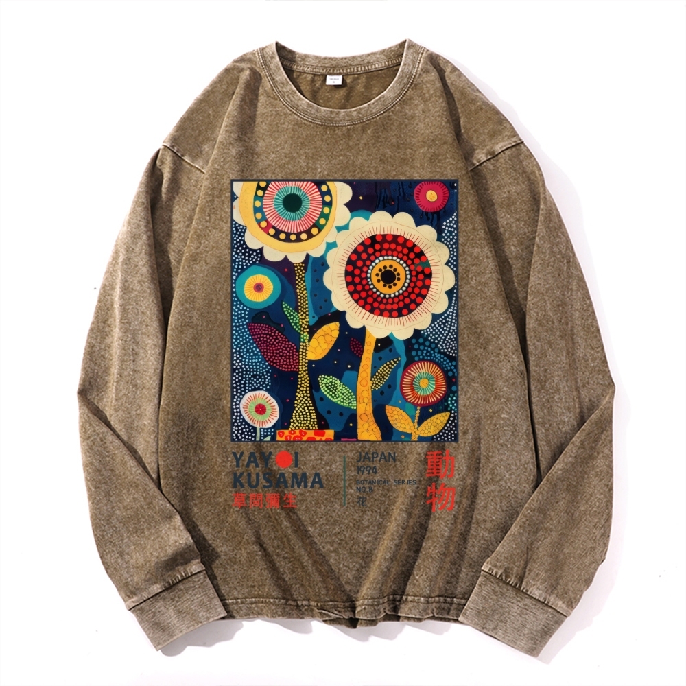 Yayoi Kusama Flower Vintage Cotton Wash Crewneck Long-Sleeve T-Shirt 2509002257