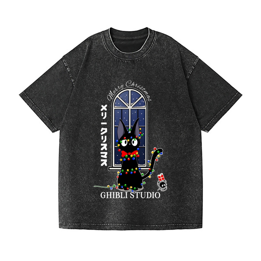 Ghibli Cat Merry Christmas Vintage Wash Japanese Design T-Shirt