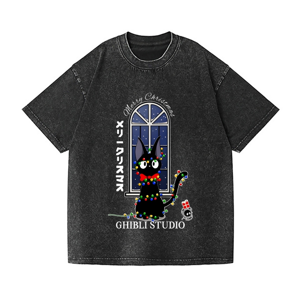 Ghibli Cat Merry Christmas Vintage Wash Japanese Design T-Shirt