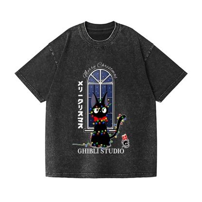 Ghibli Cat Merry Christmas Vintage Wash Japanese Design T-Shirt