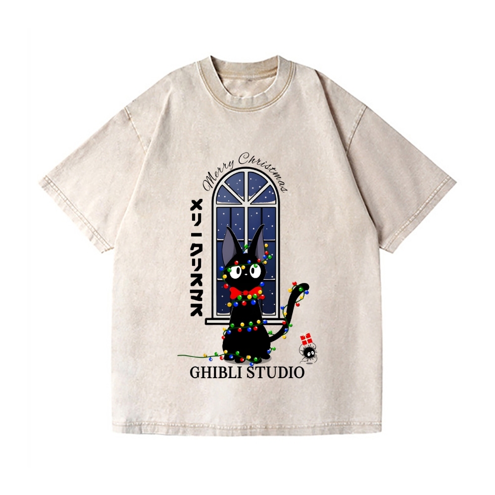 Ghibli Cat Merry Christmas Vintage Wash Japanese Design T-Shirt
