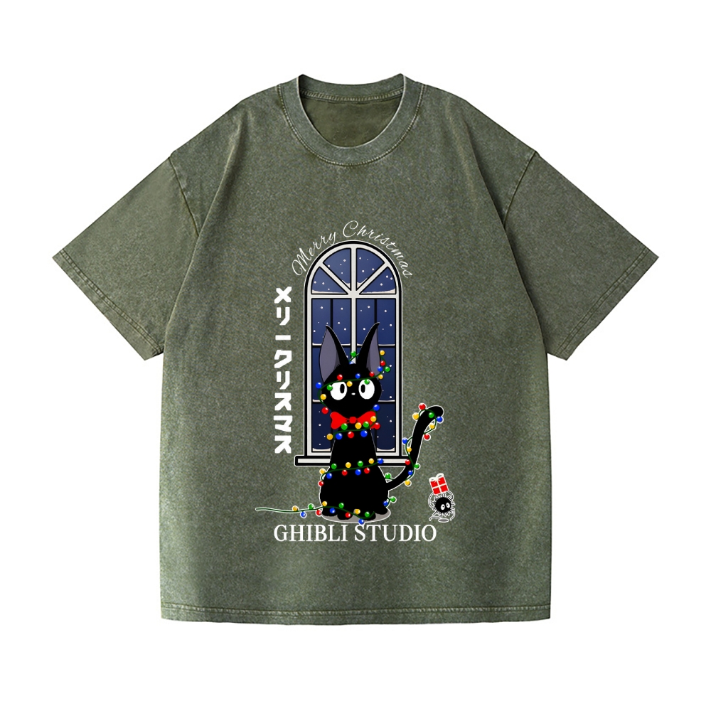 Ghibli Cat Merry Christmas Vintage Wash Japanese Design T-Shirt