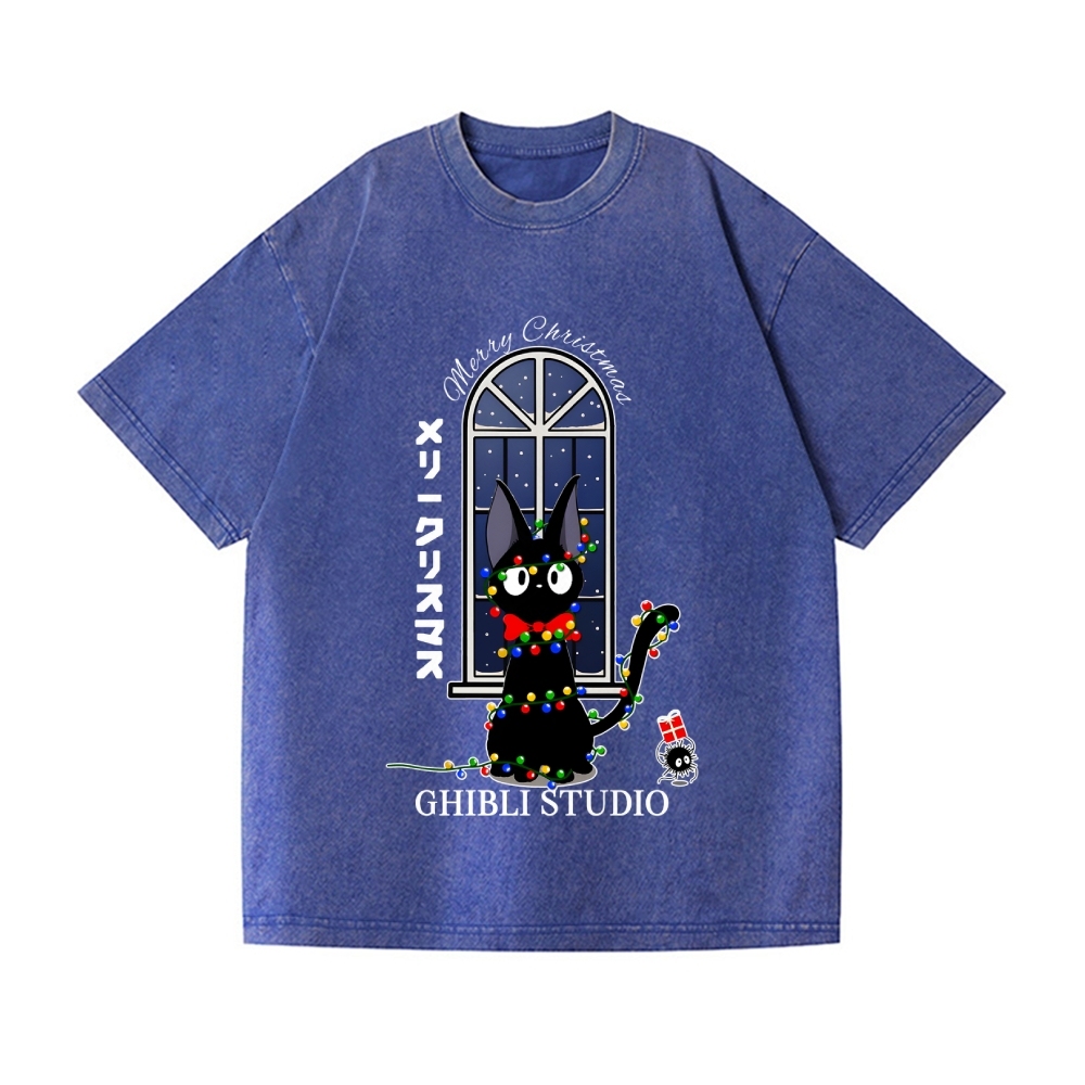 Ghibli Cat Merry Christmas Vintage Wash Japanese Design T-Shirt