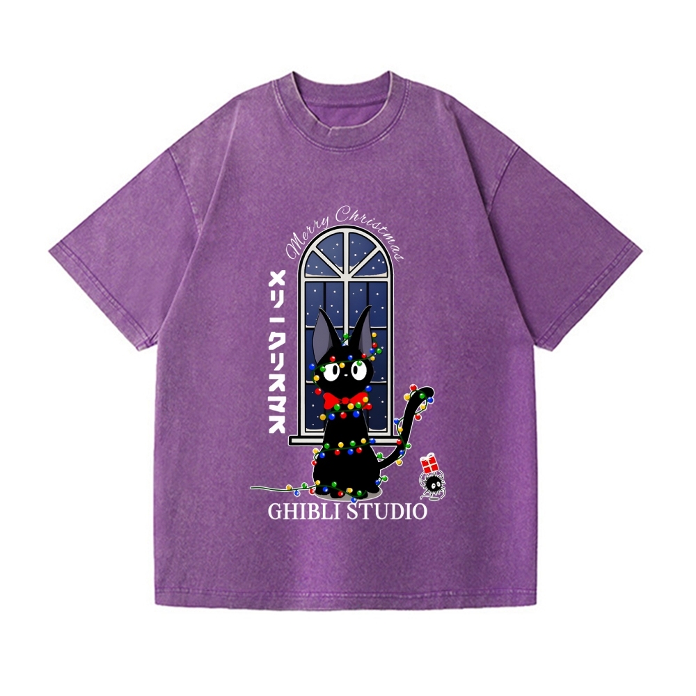Ghibli Cat Merry Christmas Vintage Wash Japanese Design T-Shirt
