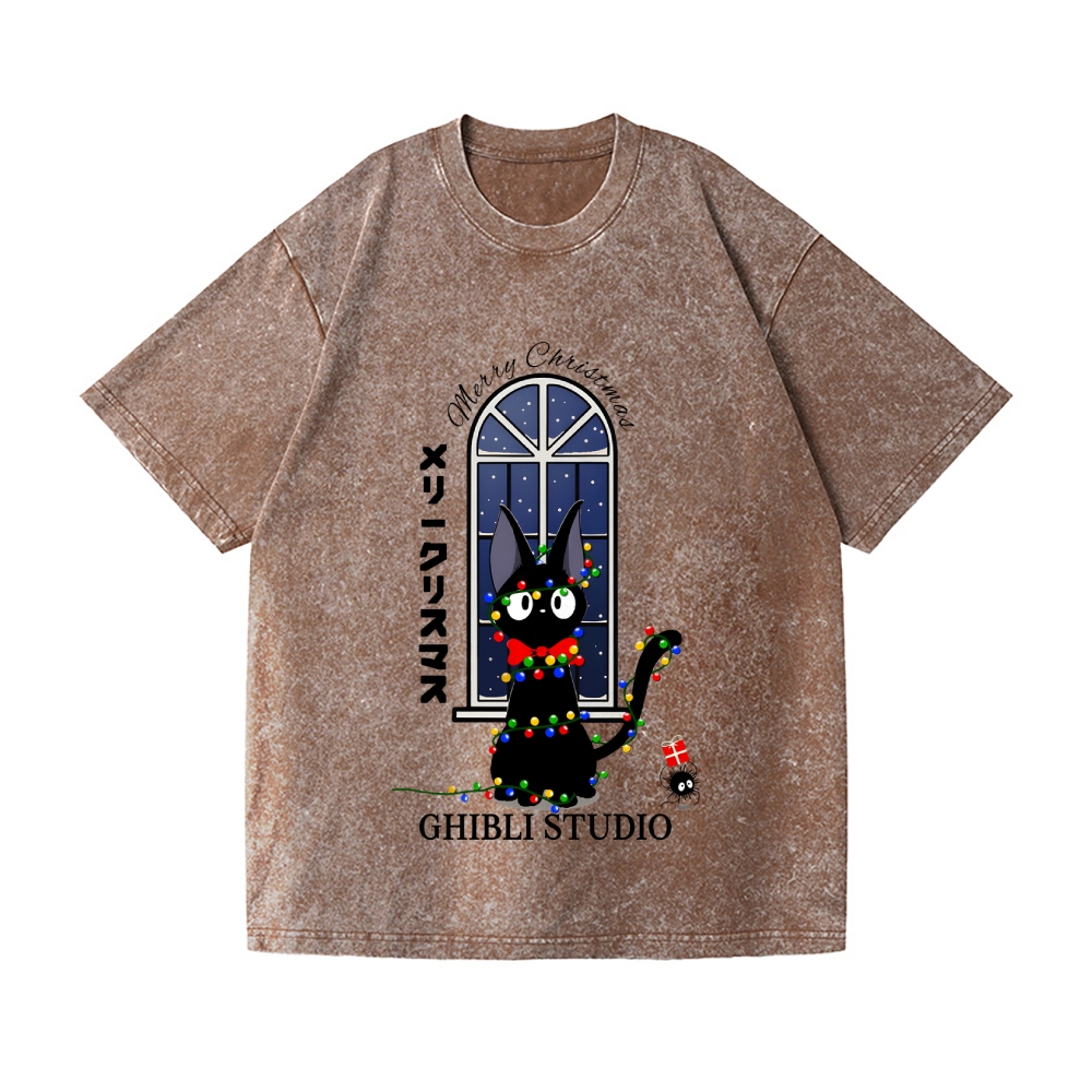 Ghibli Cat Merry Christmas Vintage Wash Japanese Design T-Shirt