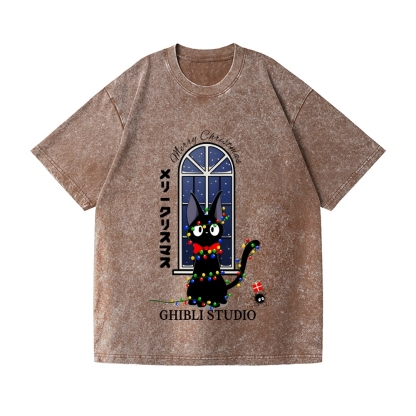 Ghibli Cat Merry Christmas Vintage Wash Japanese Design T-Shirt
