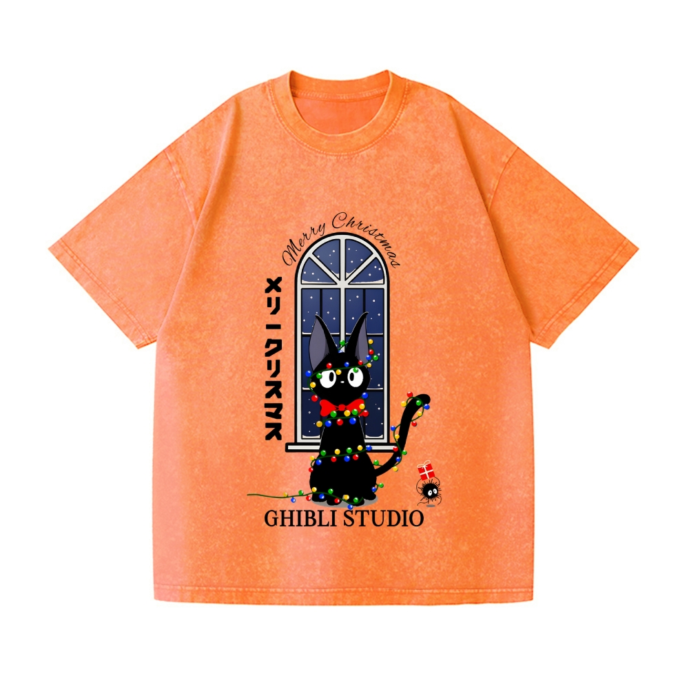 Ghibli Cat Merry Christmas Vintage Wash Japanese Design T-Shirt