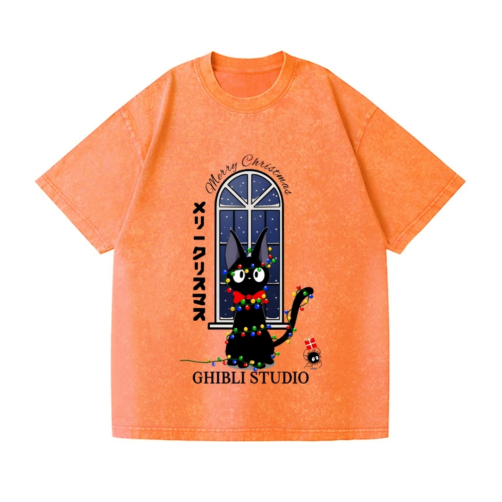Ghibli Cat Merry Christmas Vintage Wash Japanese Design T-Shirt