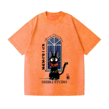 Ghibli Cat Merry Christmas Vintage Wash Japanese Design T-Shirt