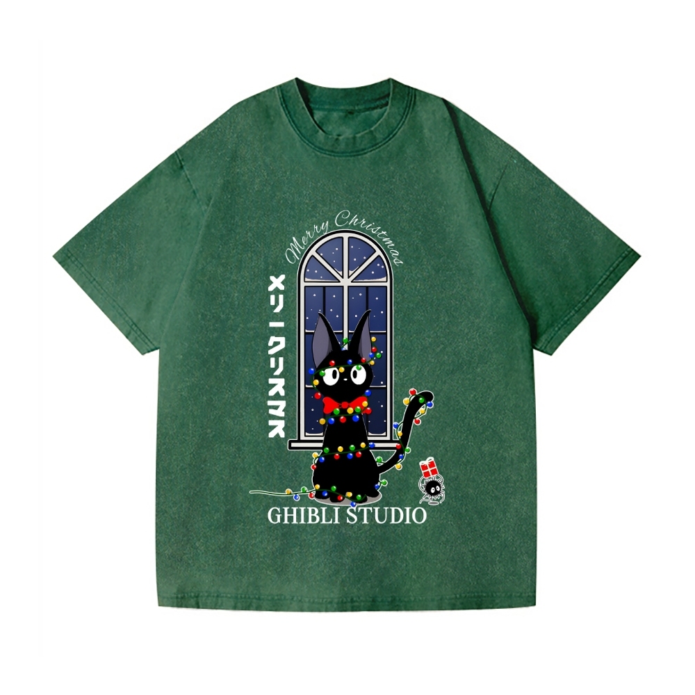 Ghibli Cat Merry Christmas Vintage Wash Japanese Design T-Shirt