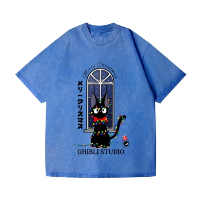 Ghibli Cat Merry Christmas Vintage Wash Japanese Design T-Shirt