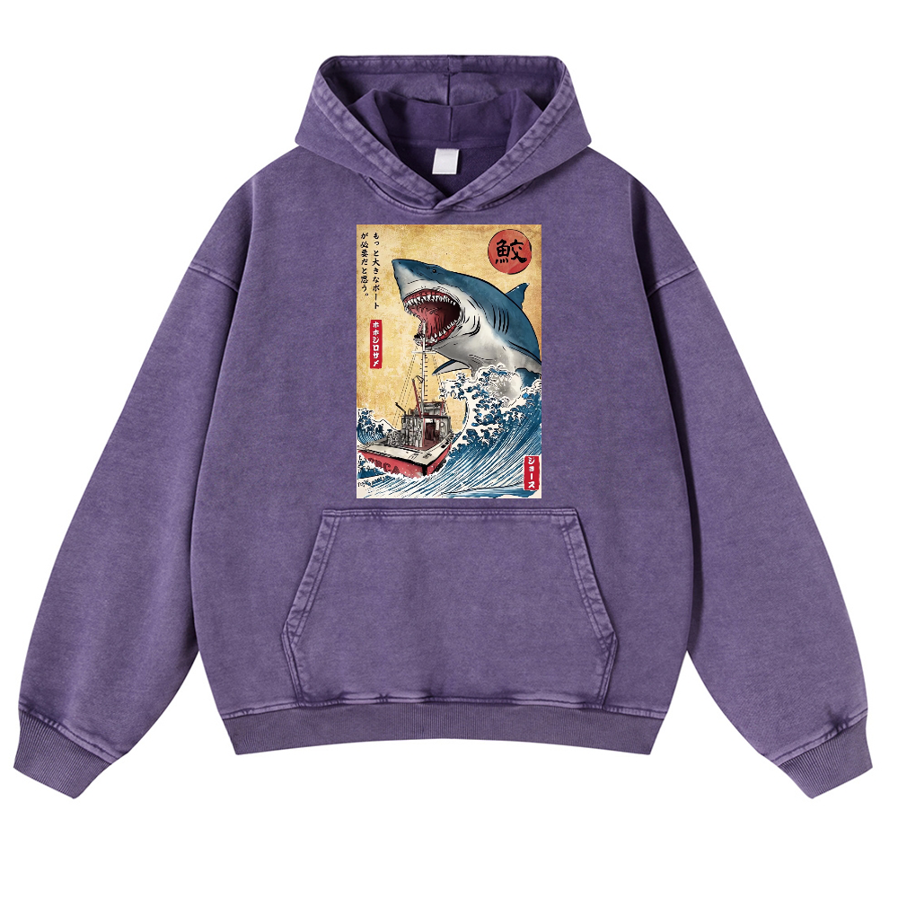 Jaws Ukiyoe Vintage Washed Thick Cotton Hoodie