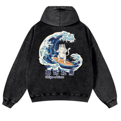 Katsushika Hokusai Ukiyoe Wave Cat Vintage Washed Cotton Back Art Hoodie