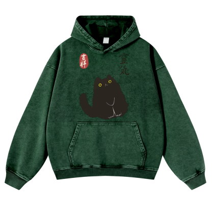 Black Cat Art Vintage Washed Thick Cotton Hoodie