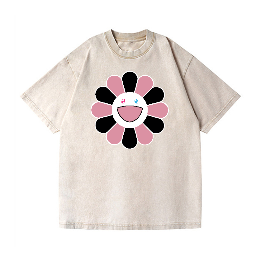 Black Pink Sunflowers TM Vintage Wash Japanese Design T-Shirt