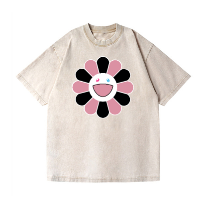 Black Pink Sunflowers TM Vintage Wash Japanese Design T-Shirt