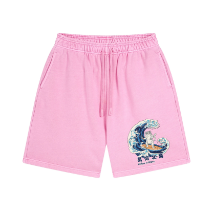 Katsushika Hokusai Wave Cat Vintage Washed Cotton Shorts