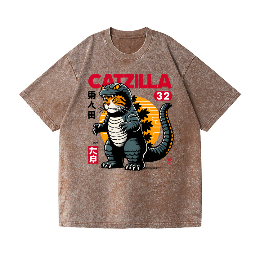 Godzilla Cat Vintage Wash Japanese Design T-Shirt