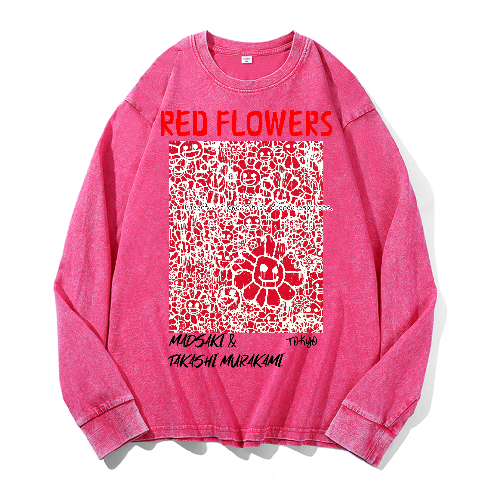Madsaki Red Flowers TM Vintage Cotton Wash Crewneck Sweatshirt